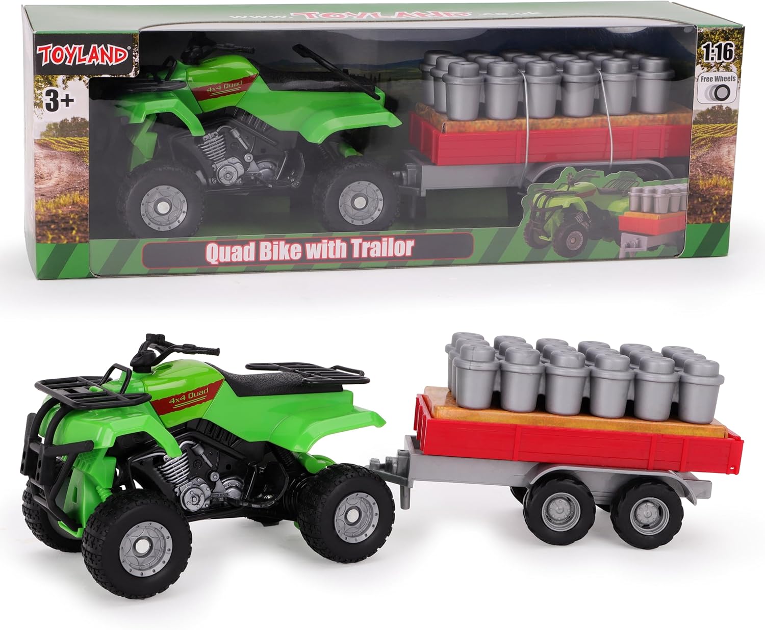 Toyland® Farm Quad & Trailer Playset - 1:16 Scale Free-Wheel Action Quad Bike - Boys Farm Toys with Detachable Trailer - Green Agricultural Toy Vehicle