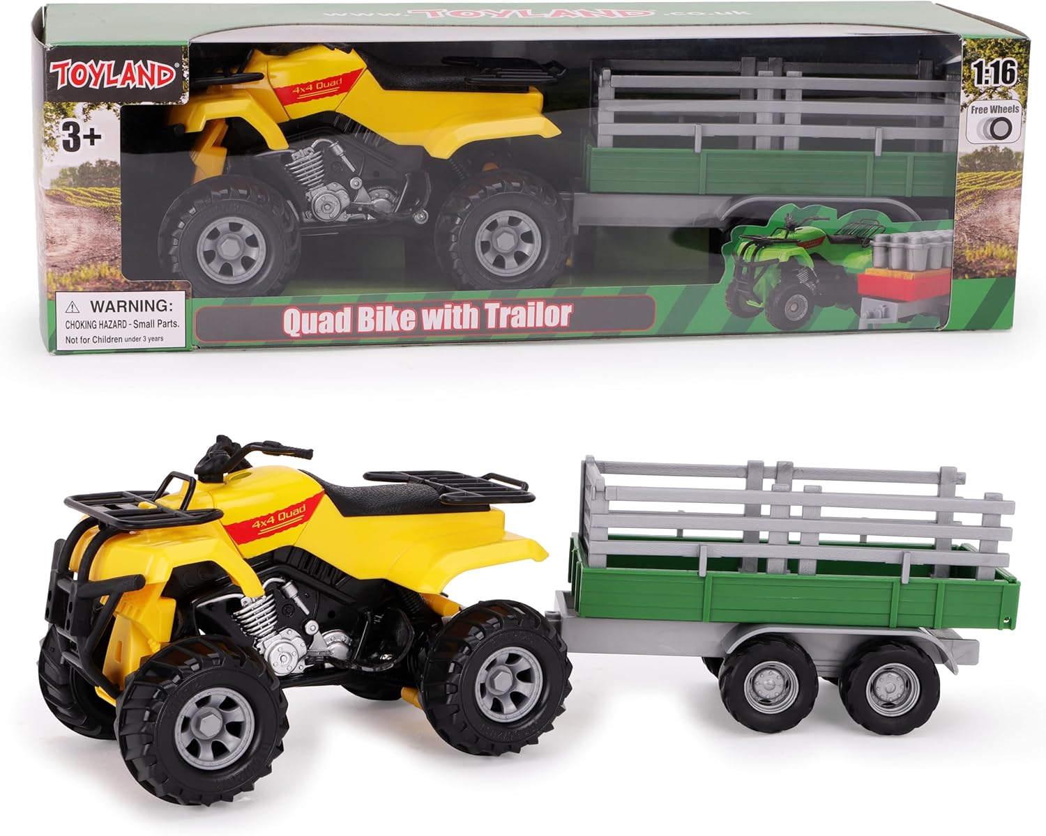 Toyland® Farm Quad & Trailer Playset - 1:16 Scale Free-Wheel Action Quad Bike - Boys Farm Toys with Detachable Trailer - Yellow Agricultural Toy Vehicle