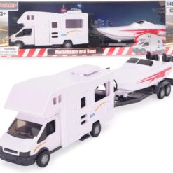 Toyland® White Motorhome and Speed Boat Play Set - 1:16 Scale Free-Wheel Action Detachable Trailer for Kids - Ages 3+