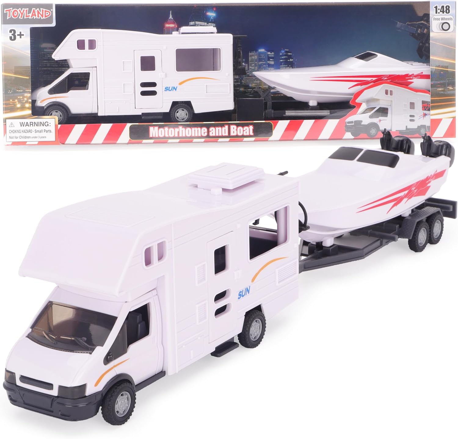 Toyland® White Motorhome and Speed Boat Play Set - 1:16 Scale Free-Wheel Action Detachable Trailer for Kids - Ages 3+