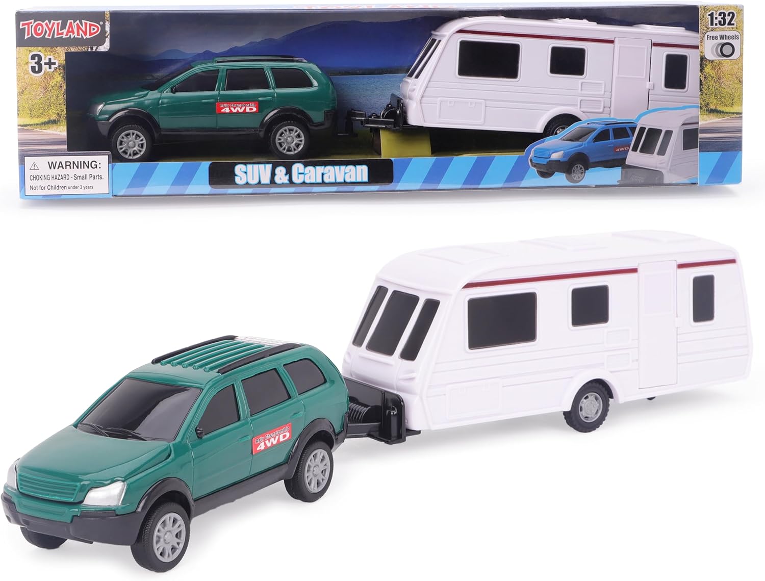 Toyland® Green Car With Detachable Caravan Set - 1:32 Scale - Free-Wheel Action SUV & Trailer Collectible Toy Vehicle for Kids - Ages 3+