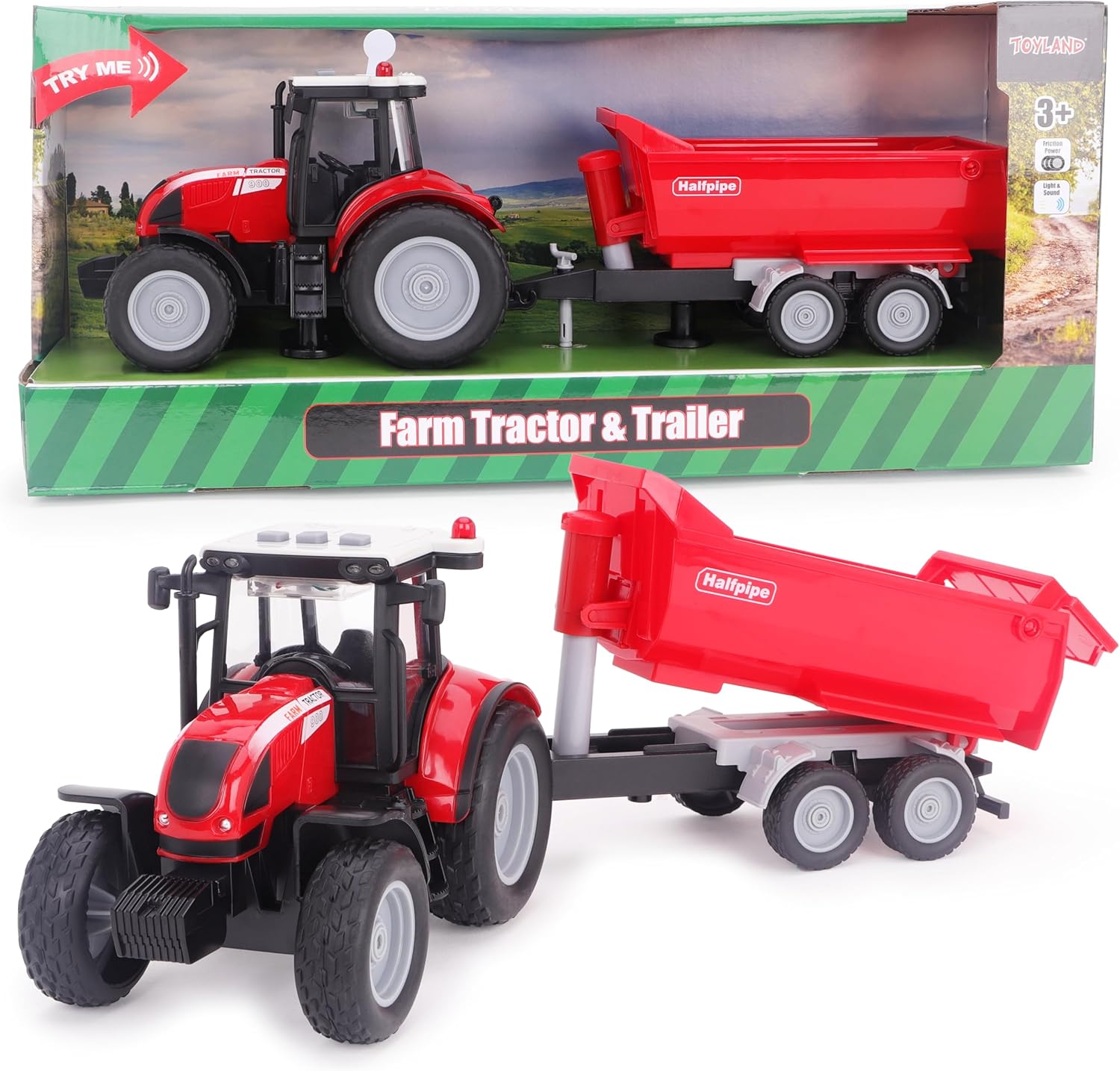 Toyland® 37cm (15") Red Tractor & Trailer With Lights & Sound - Kids Farm Toys - Indoor and Outdoor Farming Vehicle - Ages 3+