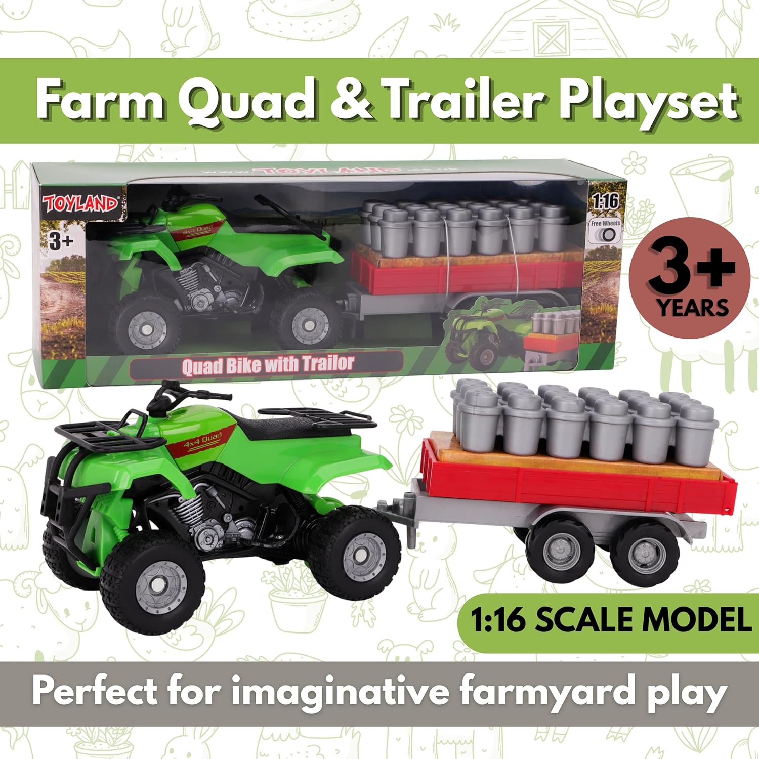 Toyland® Farm Quad & Trailer Playset - 1:16 Scale Free-Wheel Action Quad Bike - Boys Farm Toys with Detachable Trailer - Green Agricultural Toy Vehicle - Image 8