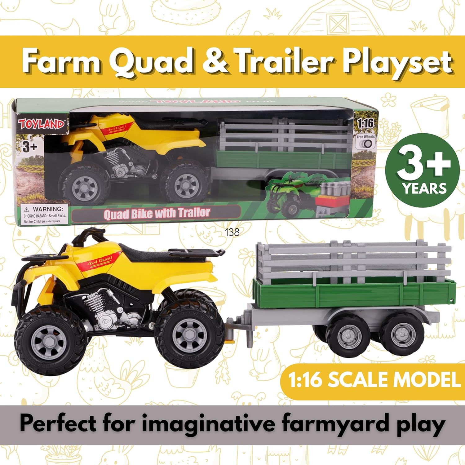 Toyland® Farm Quad & Trailer Playset - 1:16 Scale Free-Wheel Action Quad Bike - Boys Farm Toys with Detachable Trailer - Yellow Agricultural Toy Vehicle - Image 9