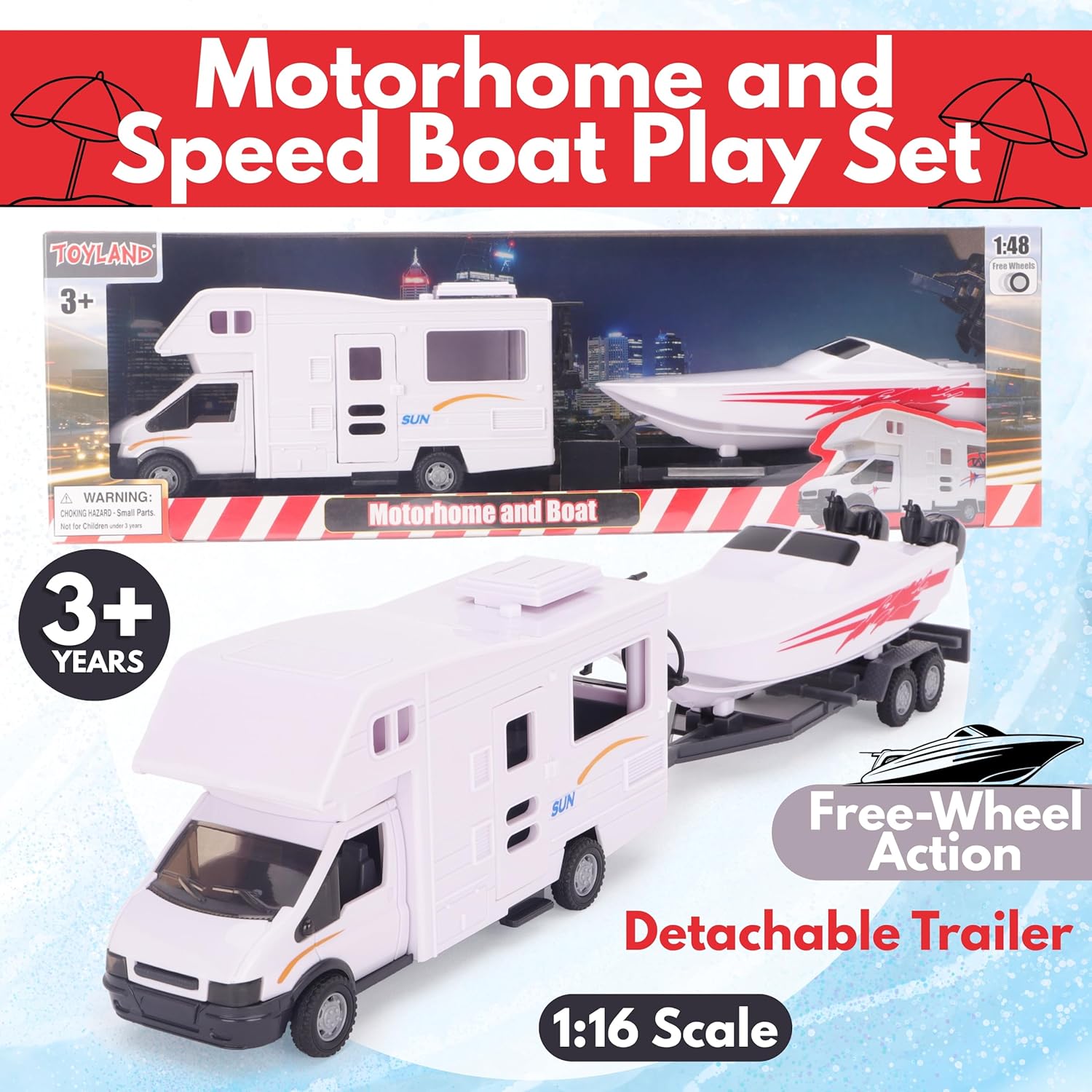 Toyland® White Motorhome and Speed Boat Play Set - 1:16 Scale Free-Wheel Action Detachable Trailer for Kids - Ages 3+ - Image 8