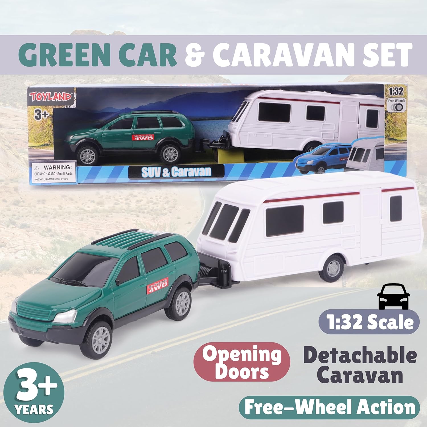 Toyland® Green Car With Detachable Caravan Set - 1:32 Scale - Free-Wheel Action SUV & Trailer Collectible Toy Vehicle for Kids - Ages 3+ - Image 8
