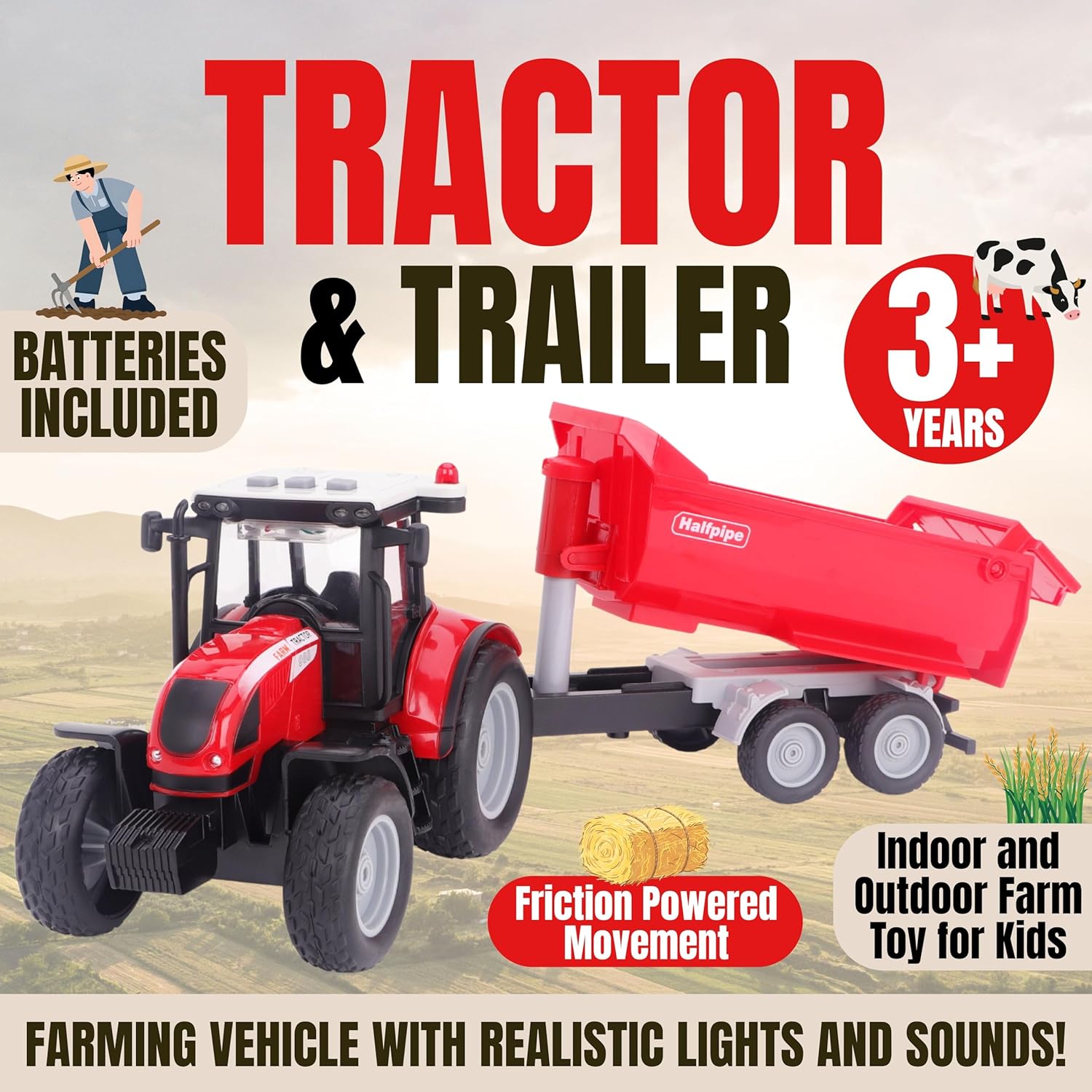 Toyland® 37cm (15") Red Tractor & Trailer With Lights & Sound - Kids Farm Toys - Indoor and Outdoor Farming Vehicle - Ages 3+ - Image 3