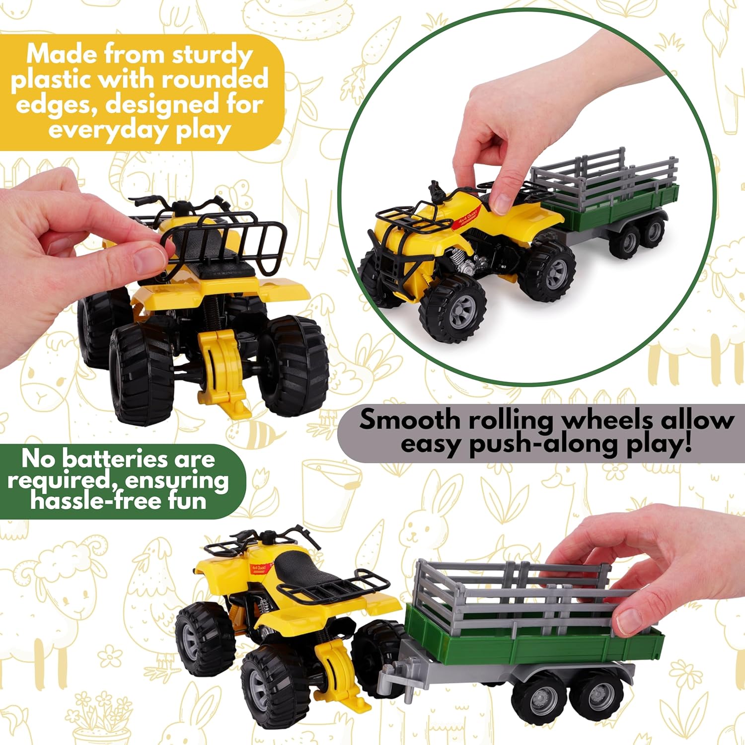 Toyland® Farm Quad & Trailer Playset - 1:16 Scale Free-Wheel Action Quad Bike - Boys Farm Toys with Detachable Trailer - Yellow Agricultural Toy Vehicle - Image 8