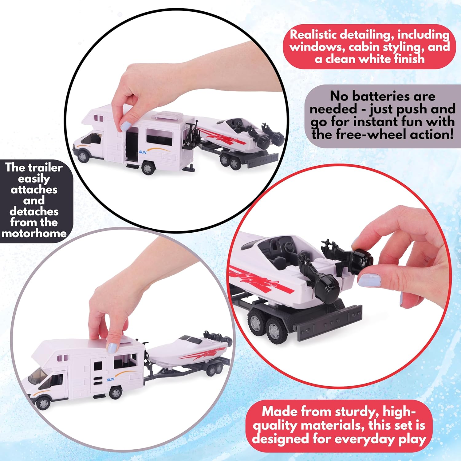 Toyland® White Motorhome and Speed Boat Play Set - 1:16 Scale Free-Wheel Action Detachable Trailer for Kids - Ages 3+ - Image 7
