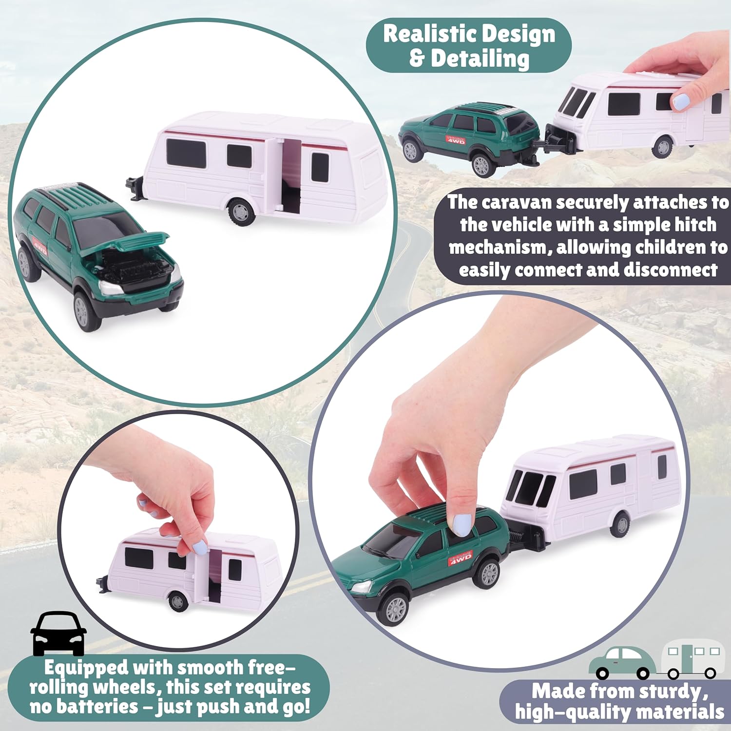 Toyland® Green Car With Detachable Caravan Set - 1:32 Scale - Free-Wheel Action SUV & Trailer Collectible Toy Vehicle for Kids - Ages 3+ - Image 7
