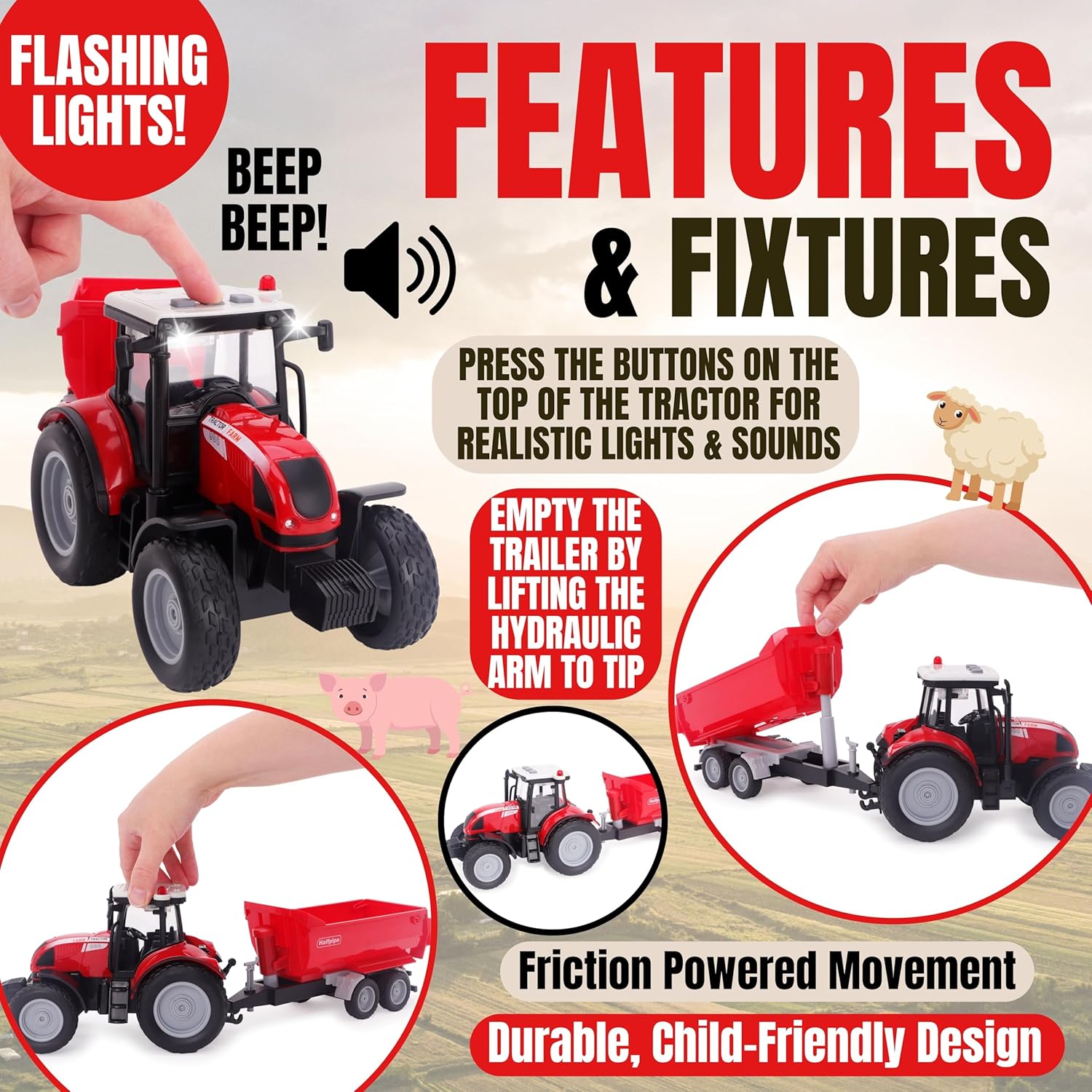 Toyland® 37cm (15") Red Tractor & Trailer With Lights & Sound - Kids Farm Toys - Indoor and Outdoor Farming Vehicle - Ages 3+ - Image 4