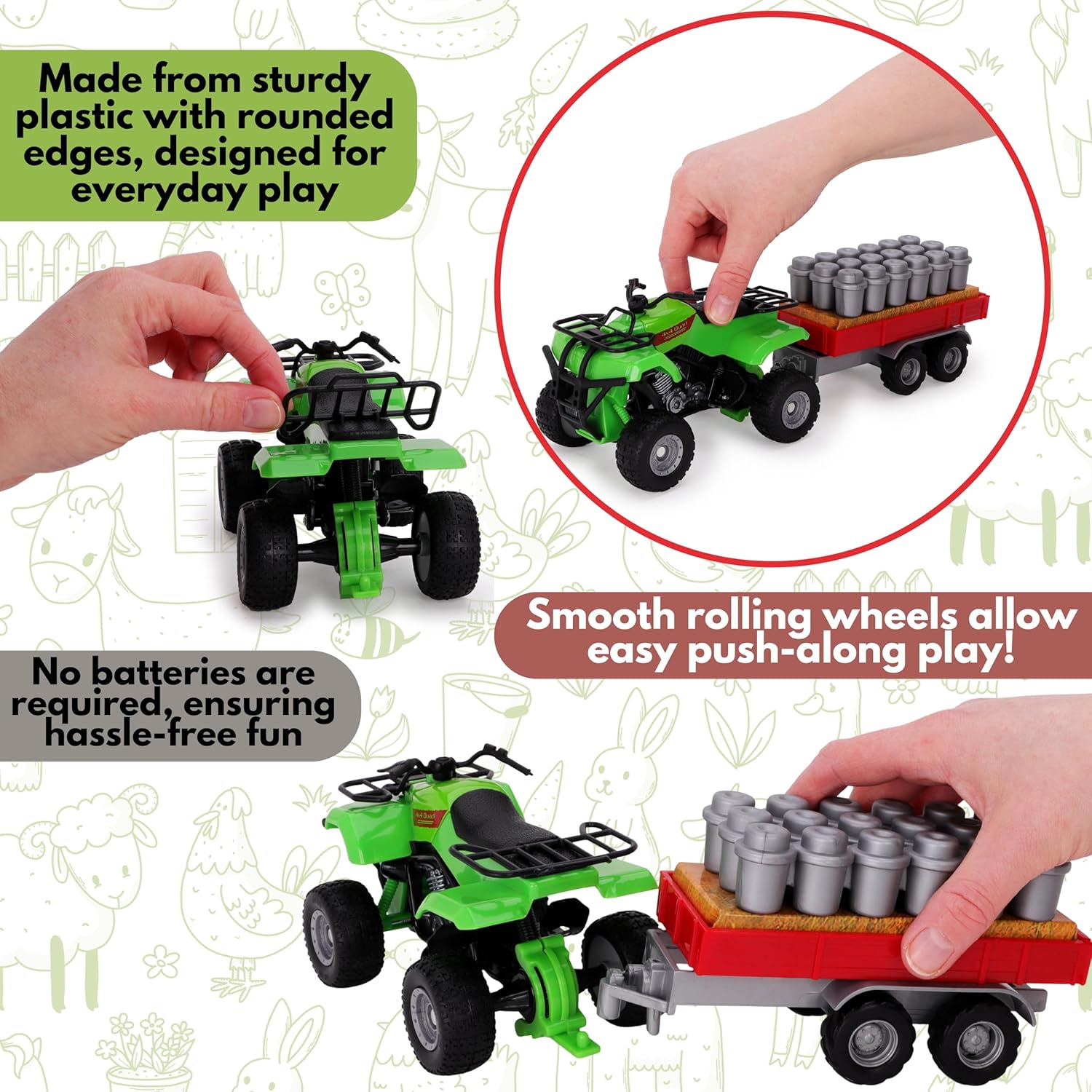 Toyland® Farm Quad & Trailer Playset - 1:16 Scale Free-Wheel Action Quad Bike - Boys Farm Toys with Detachable Trailer - Green Agricultural Toy Vehicle - Image 7