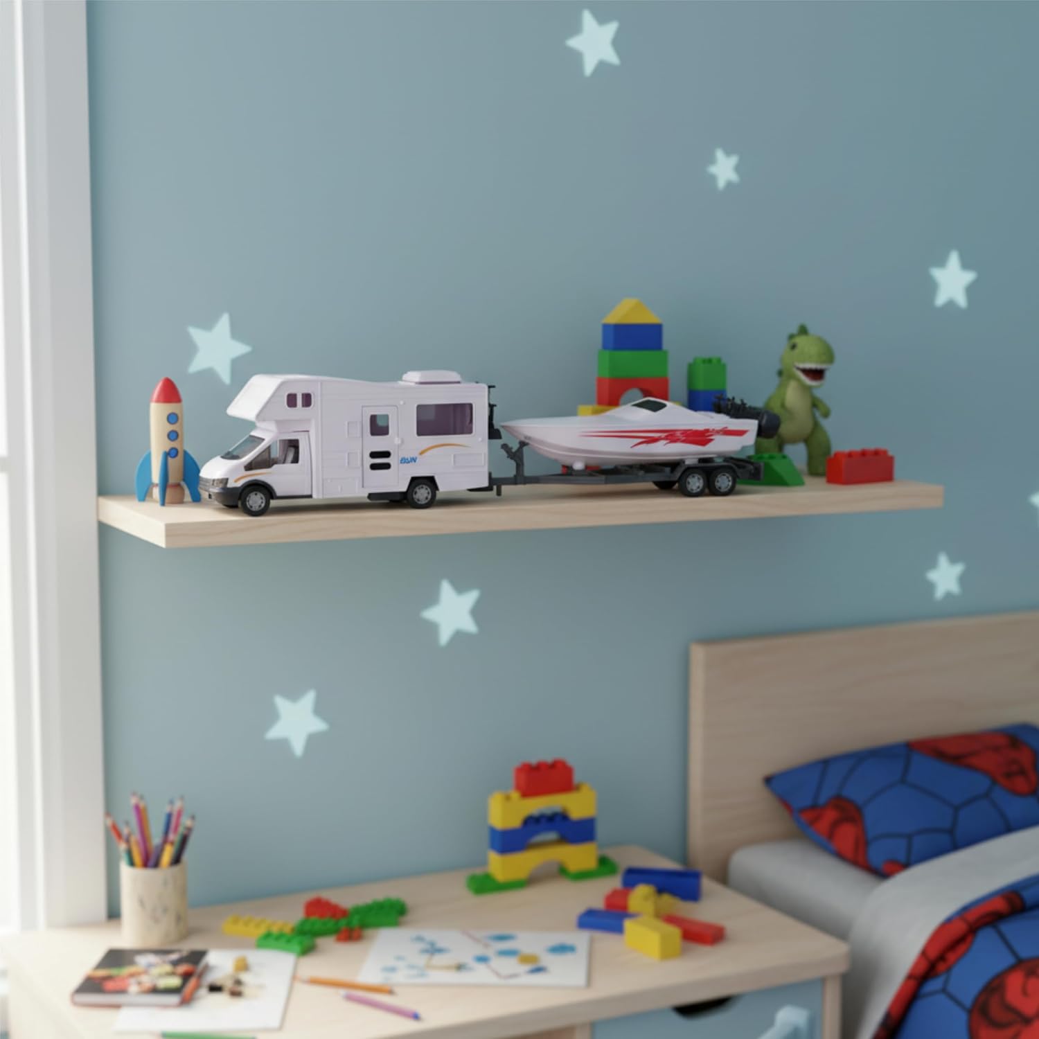 Toyland® White Motorhome and Speed Boat Play Set - 1:16 Scale Free-Wheel Action Detachable Trailer for Kids - Ages 3+ - Image 6