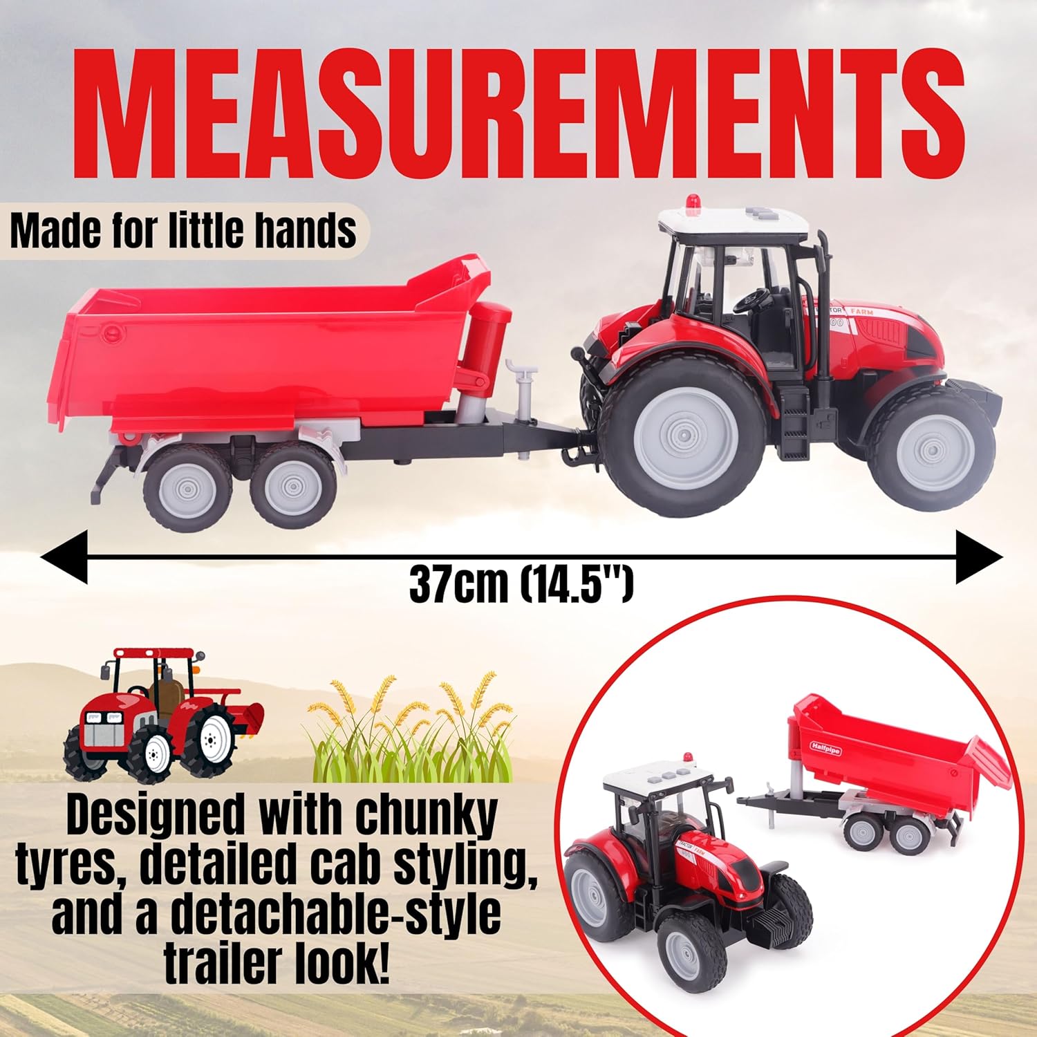 Toyland® 37cm (15") Red Tractor & Trailer With Lights & Sound - Kids Farm Toys - Indoor and Outdoor Farming Vehicle - Ages 3+ - Image 6
