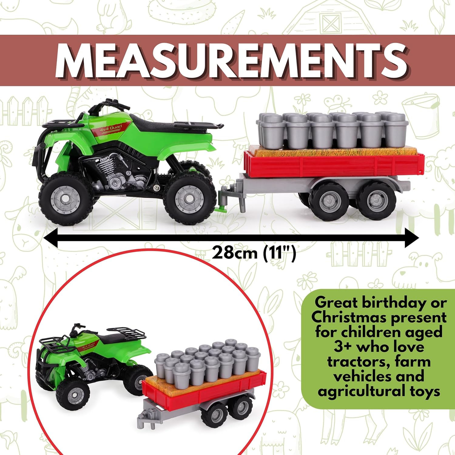 Toyland® Farm Quad & Trailer Playset - 1:16 Scale Free-Wheel Action Quad Bike - Boys Farm Toys with Detachable Trailer - Green Agricultural Toy Vehicle - Image 5