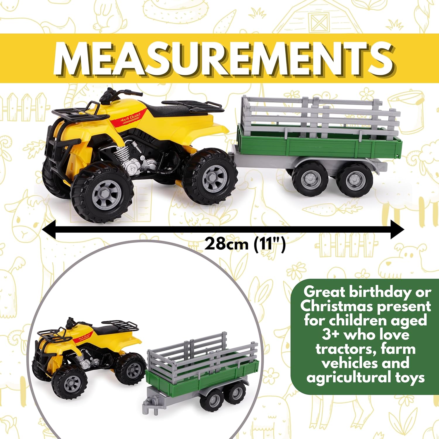 Toyland® Farm Quad & Trailer Playset - 1:16 Scale Free-Wheel Action Quad Bike - Boys Farm Toys with Detachable Trailer - Yellow Agricultural Toy Vehicle - Image 6