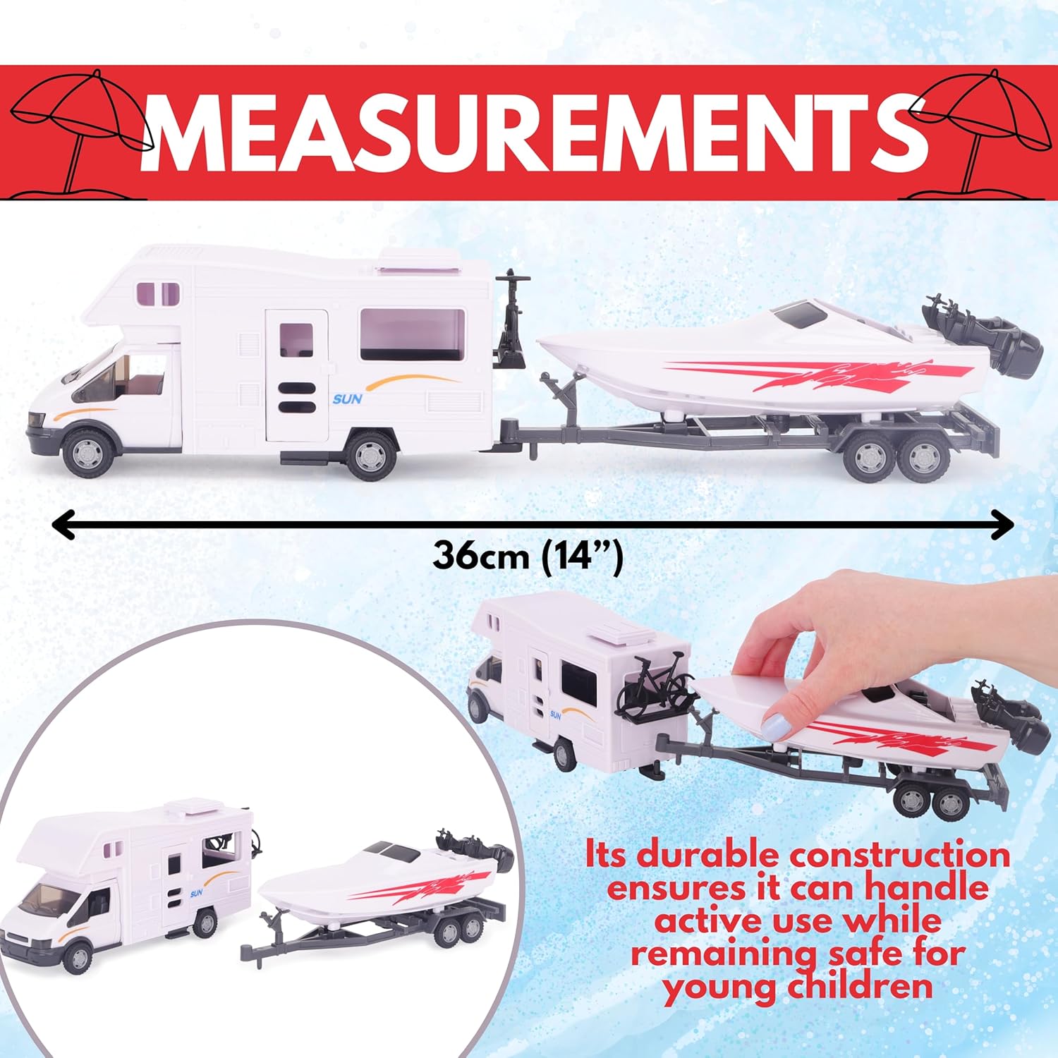 Toyland® White Motorhome and Speed Boat Play Set - 1:16 Scale Free-Wheel Action Detachable Trailer for Kids - Ages 3+ - Image 5