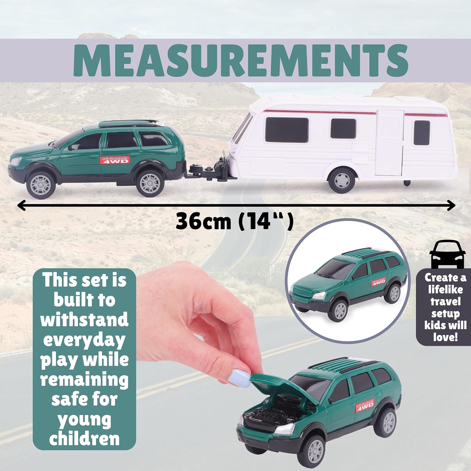 Toyland® Green Car With Detachable Caravan Set - 1:32 Scale - Free-Wheel Action SUV & Trailer Collectible Toy Vehicle for Kids - Ages 3+ - Image 5