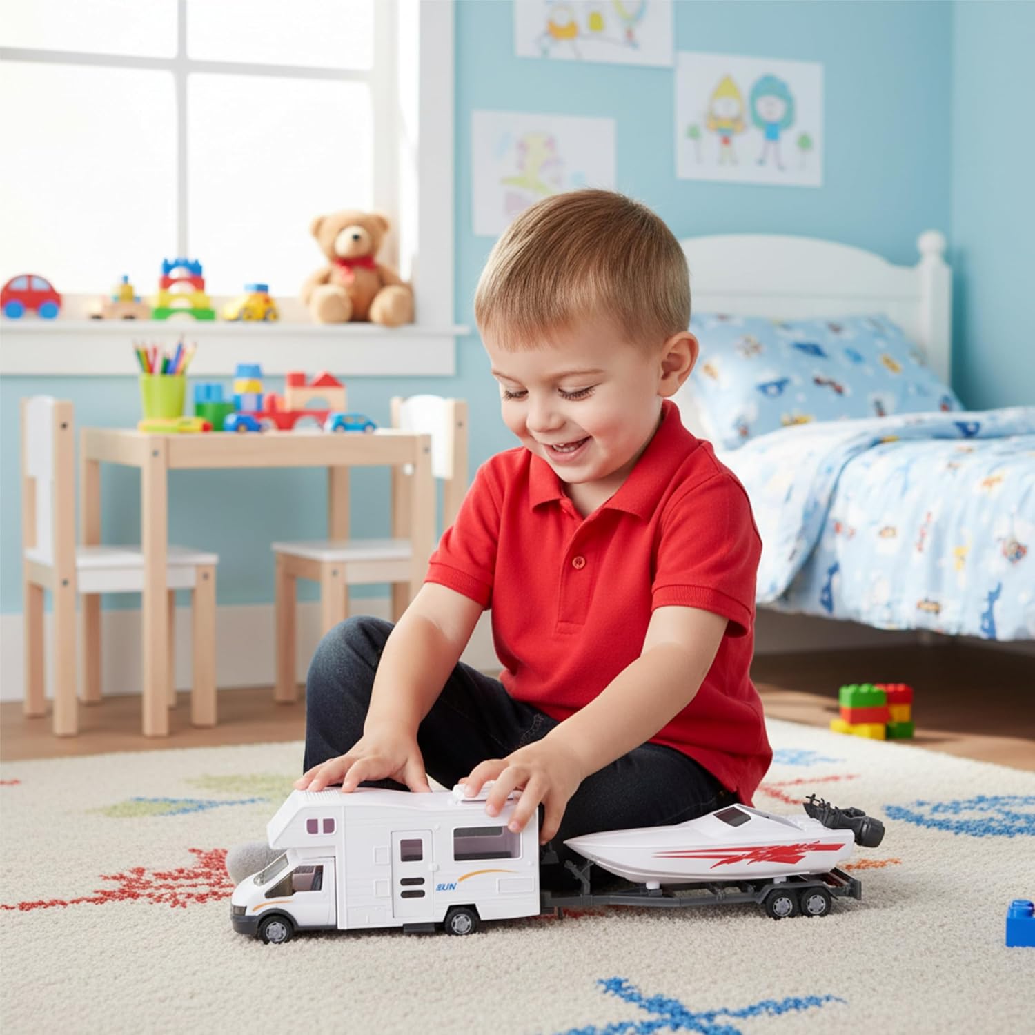 Toyland® White Motorhome and Speed Boat Play Set - 1:16 Scale Free-Wheel Action Detachable Trailer for Kids - Ages 3+ - Image 4