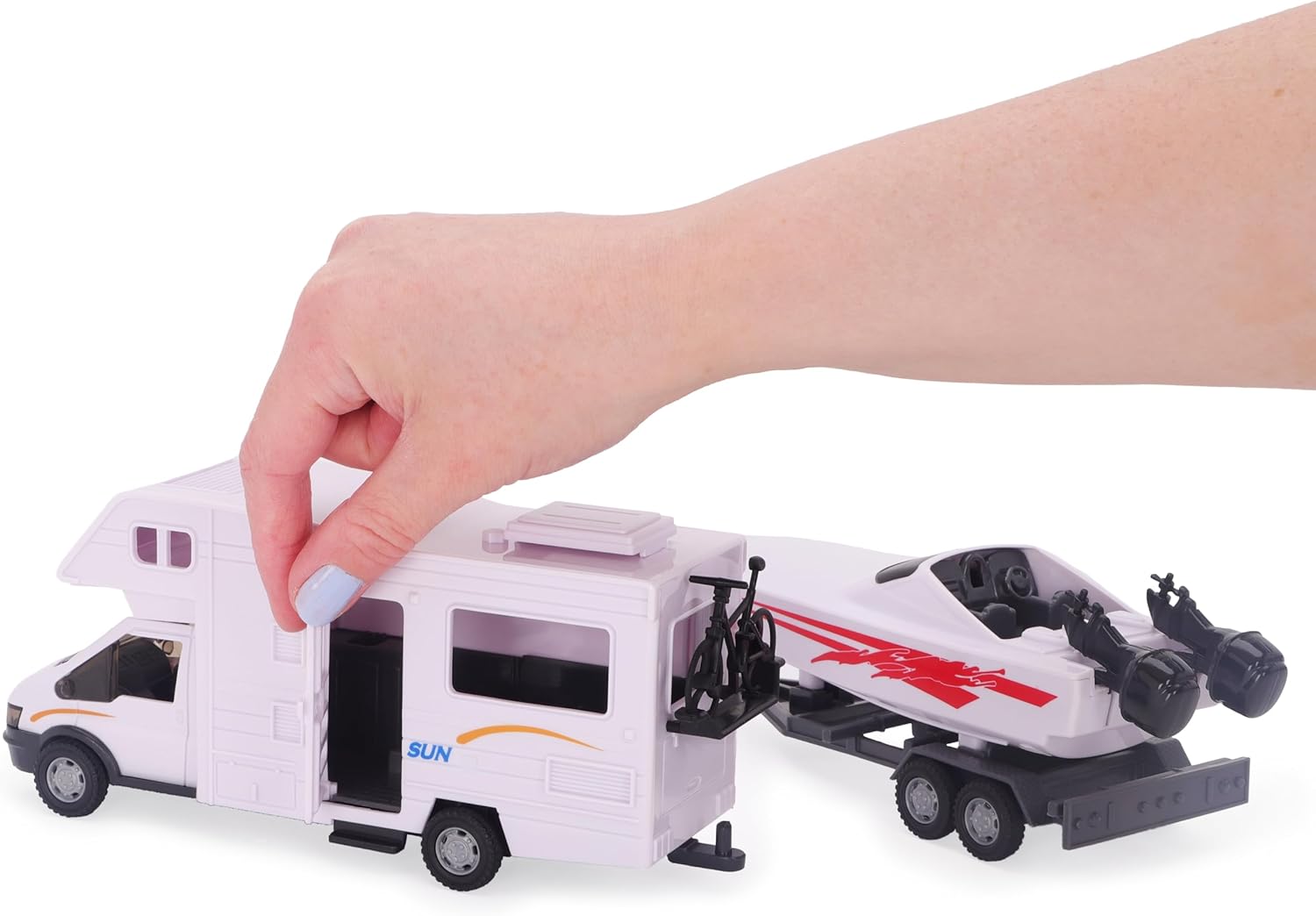 Toyland® White Motorhome and Speed Boat Play Set - 1:16 Scale Free-Wheel Action Detachable Trailer for Kids - Ages 3+ - Image 3