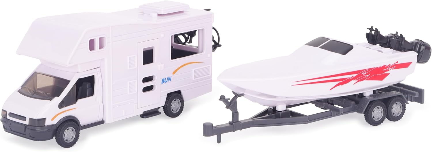 Toyland® White Motorhome and Speed Boat Play Set - 1:16 Scale Free-Wheel Action Detachable Trailer for Kids - Ages 3+ - Image 2