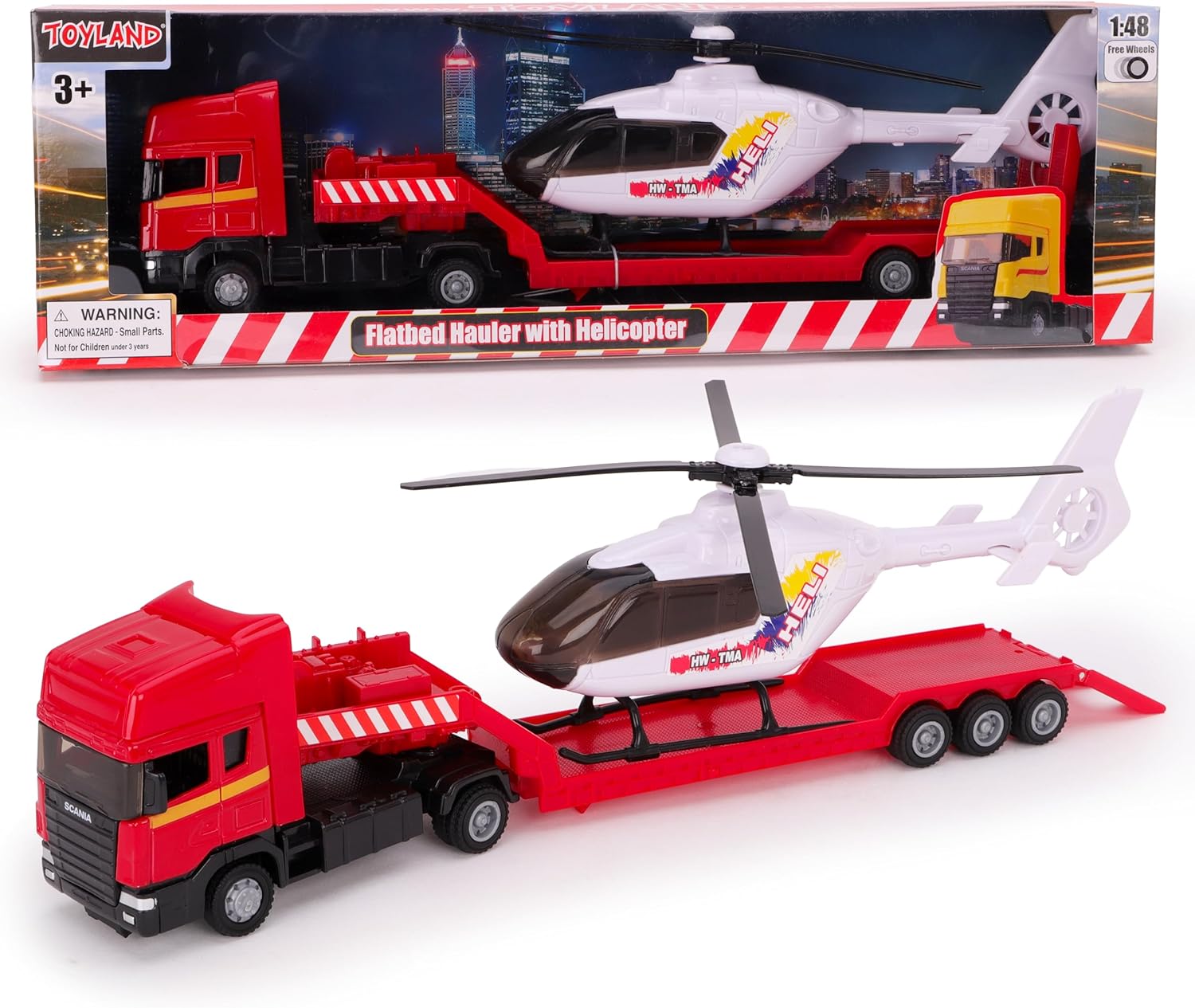 Toyland® 31cm (12”) Scania Flatbed Hauler With Helicopter & Detachable Trailer - 1:48 Scale Model Vehicle - Collectable Transport Toys (Red & White)