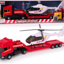 Toyland® 31cm (12”) Scania Flatbed Hauler With Helicopter & Detachable Trailer - 1:48 Scale Model Vehicle - Collectable Transport Toys (Red & White)