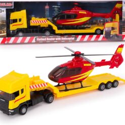 Toyland® 31cm (12”) Scania Flatbed Hauler With Helicopter & Detachable Trailer - 1:48 Scale Model Vehicle - Collectable Transport Toys (Yellow & Red)