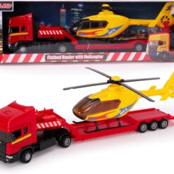 Toyland® 31cm (12”) Scania Flatbed Hauler With Helicopter & Detachable Trailer - 1:48 Scale Model Vehicle - Collectable Transport Toys (Yellow & Green)
