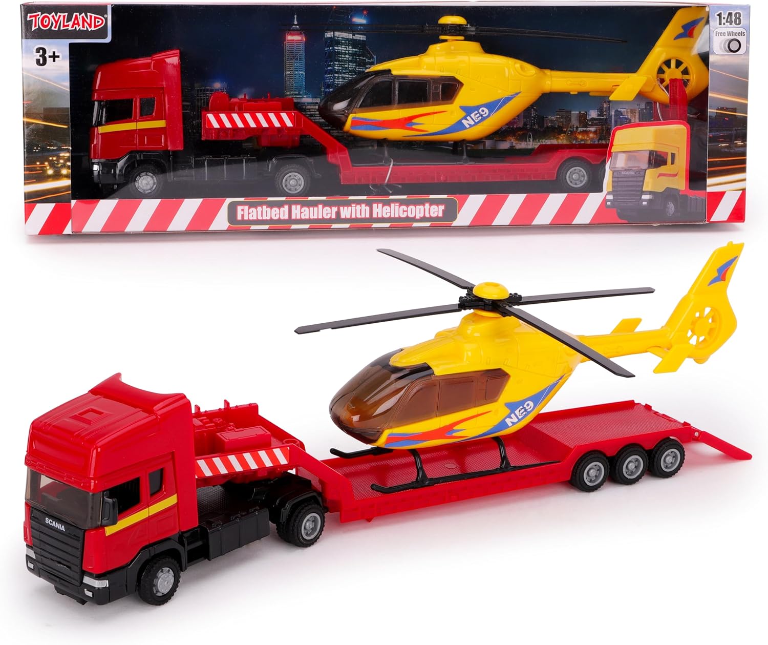 Toyland® 31cm (12”) Scania Flatbed Hauler With Helicopter & Detachable Trailer - 1:48 Scale Model Vehicle - Collectable Transport Toys (Yellow & Green)