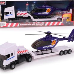 Toyland® 31cm (12”) Scania Flatbed Hauler With Helicopter & Detachable Trailer - 1:48 Scale Model Vehicle - Collectable Transport Toys (White & Blue)