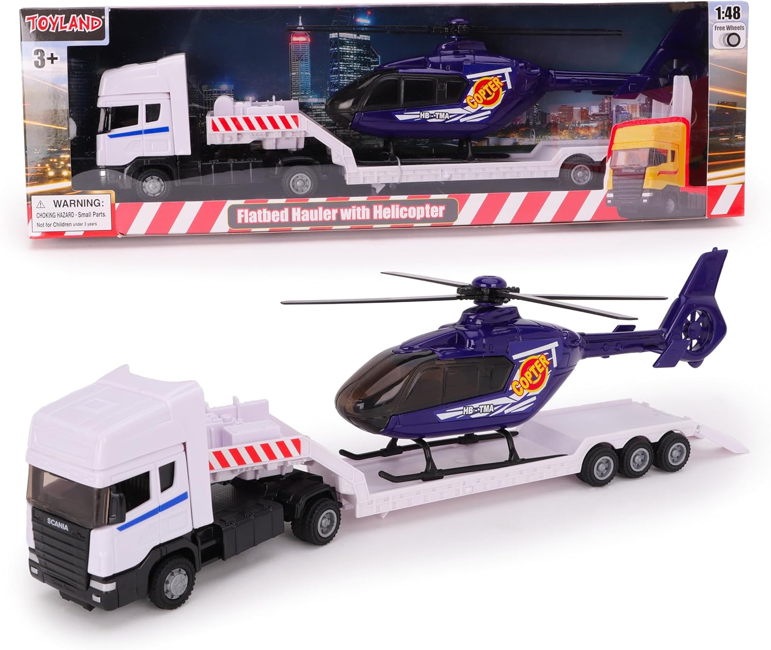 Toyland® 31cm (12”) Scania Flatbed Hauler With Helicopter & Detachable Trailer - 1:48 Scale Model Vehicle - Collectable Transport Toys (White & Blue)