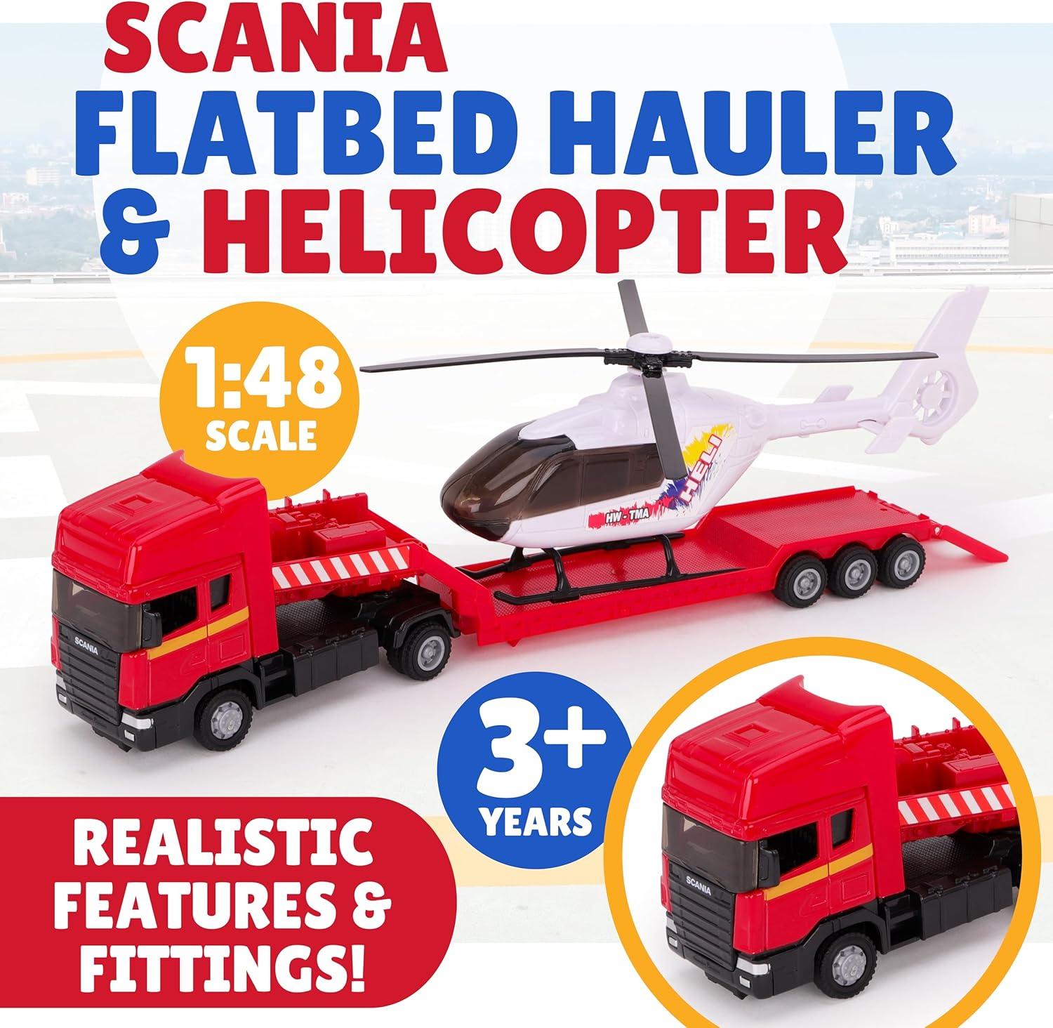 Toyland® 31cm (12”) Scania Flatbed Hauler With Helicopter & Detachable Trailer - 1:48 Scale Model Vehicle - Collectable Transport Toys (Red & White) - Image 8