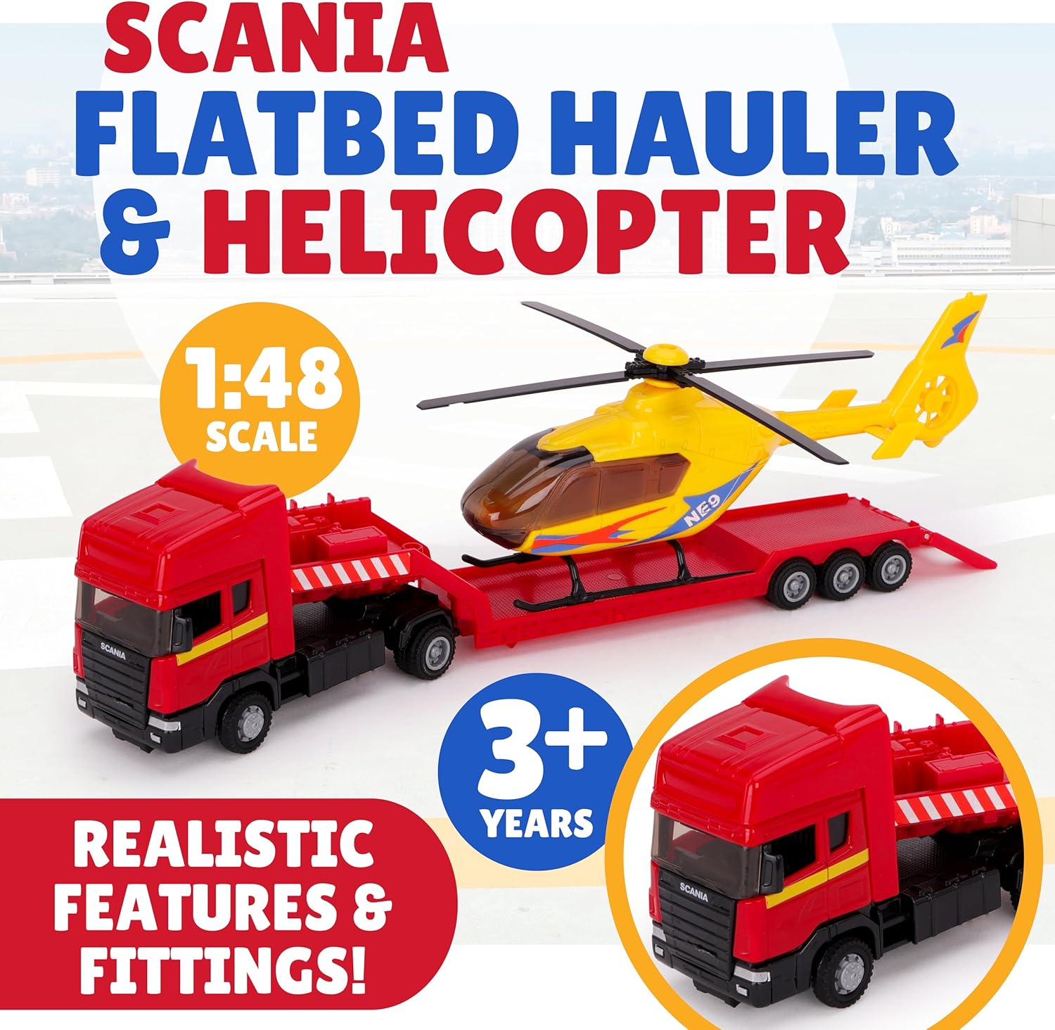 Toyland® 31cm (12”) Scania Flatbed Hauler With Helicopter & Detachable Trailer - 1:48 Scale Model Vehicle - Collectable Transport Toys (Yellow & Green) - Image 8