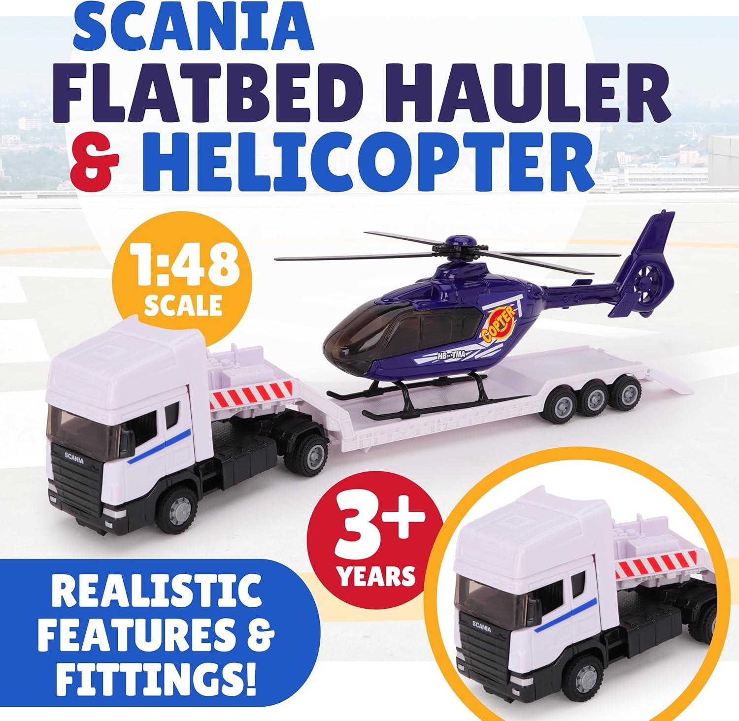 Toyland® 31cm (12”) Scania Flatbed Hauler With Helicopter & Detachable Trailer - 1:48 Scale Model Vehicle - Collectable Transport Toys (White & Blue) - Image 8