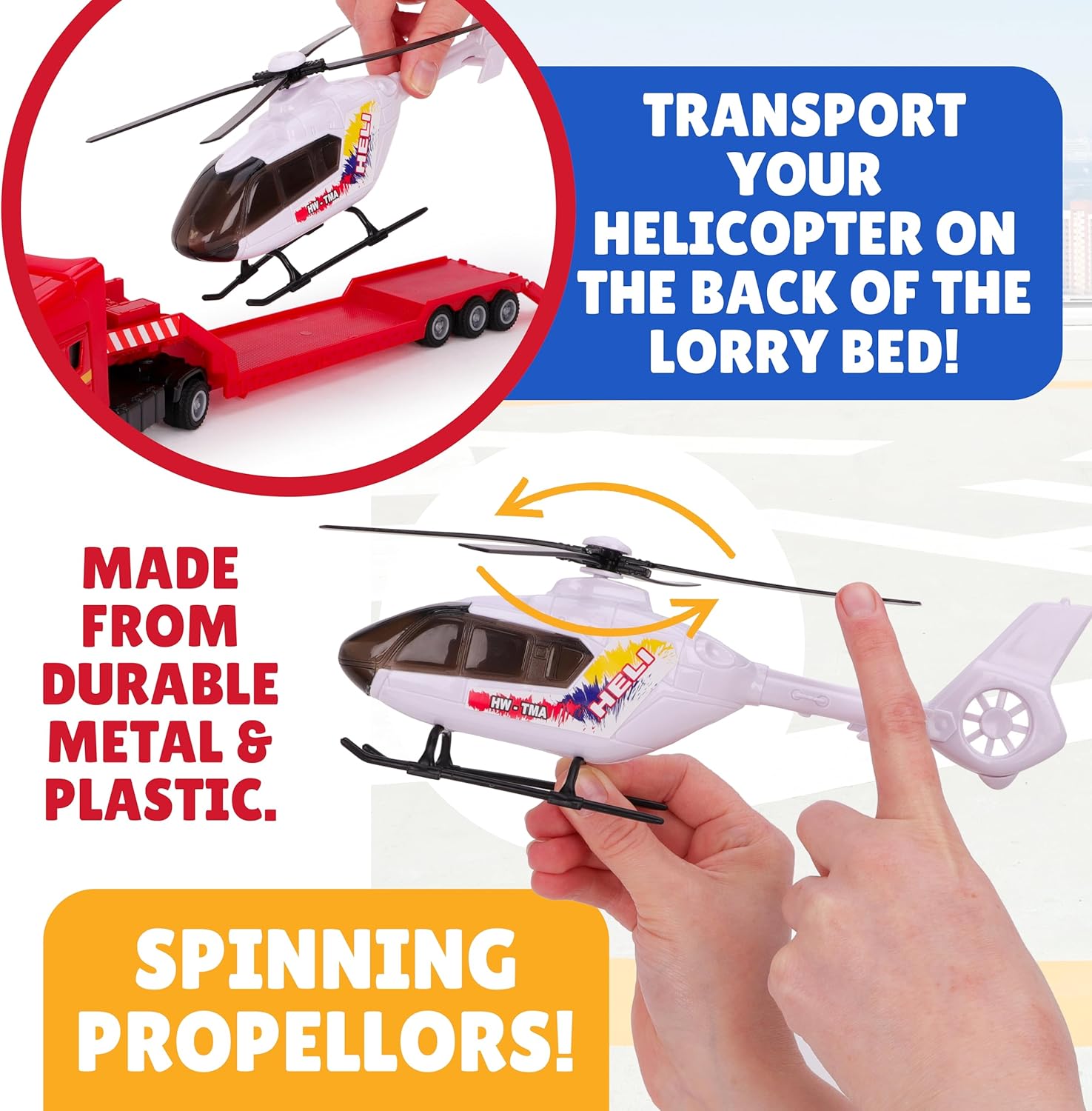 Toyland® 31cm (12”) Scania Flatbed Hauler With Helicopter & Detachable Trailer - 1:48 Scale Model Vehicle - Collectable Transport Toys (Red & White) - Image 7