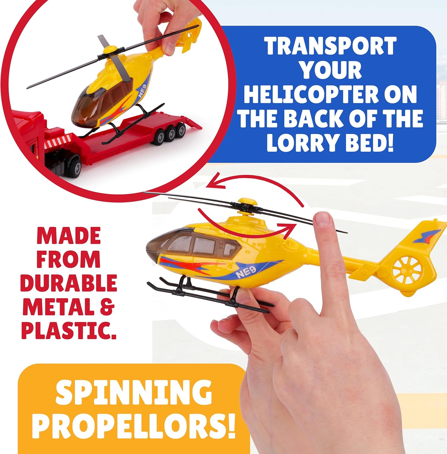 Toyland® 31cm (12”) Scania Flatbed Hauler With Helicopter & Detachable Trailer - 1:48 Scale Model Vehicle - Collectable Transport Toys (Red & Yellow) - Image 7