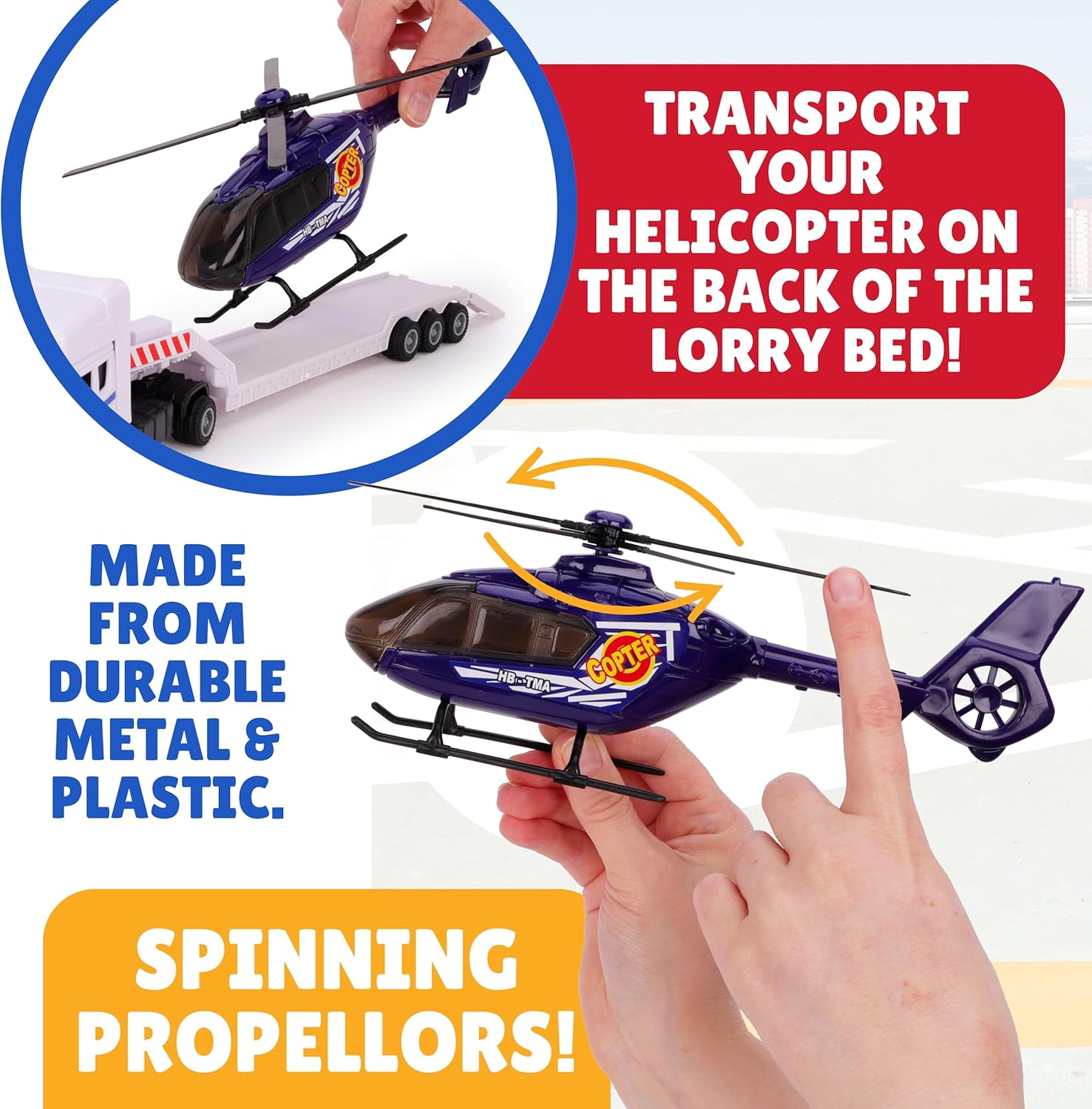 Toyland® 31cm (12”) Scania Flatbed Hauler With Helicopter & Detachable Trailer - 1:48 Scale Model Vehicle - Collectable Transport Toys (White & Blue) - Image 7