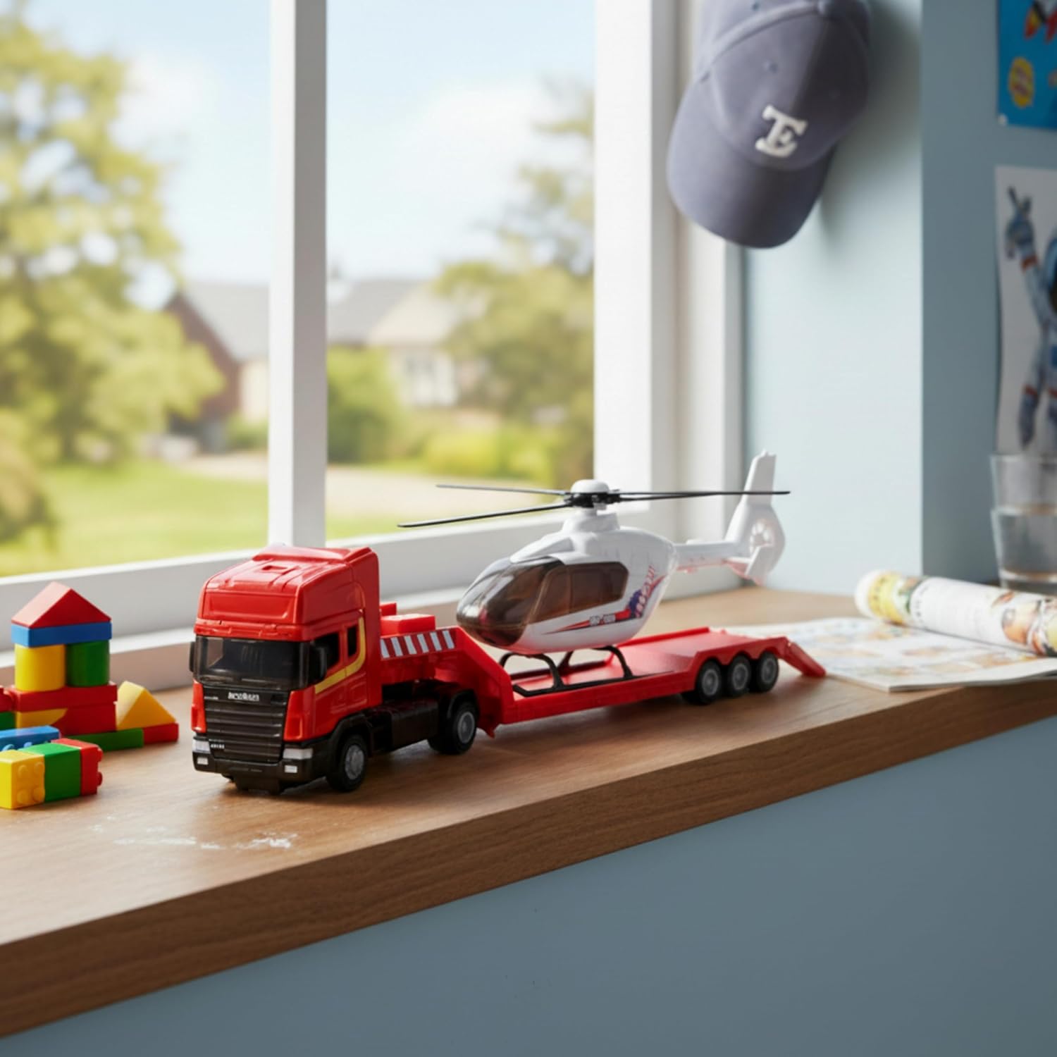 Toyland® 31cm (12”) Scania Flatbed Hauler With Helicopter & Detachable Trailer - 1:48 Scale Model Vehicle - Collectable Transport Toys (Red & White) - Image 6