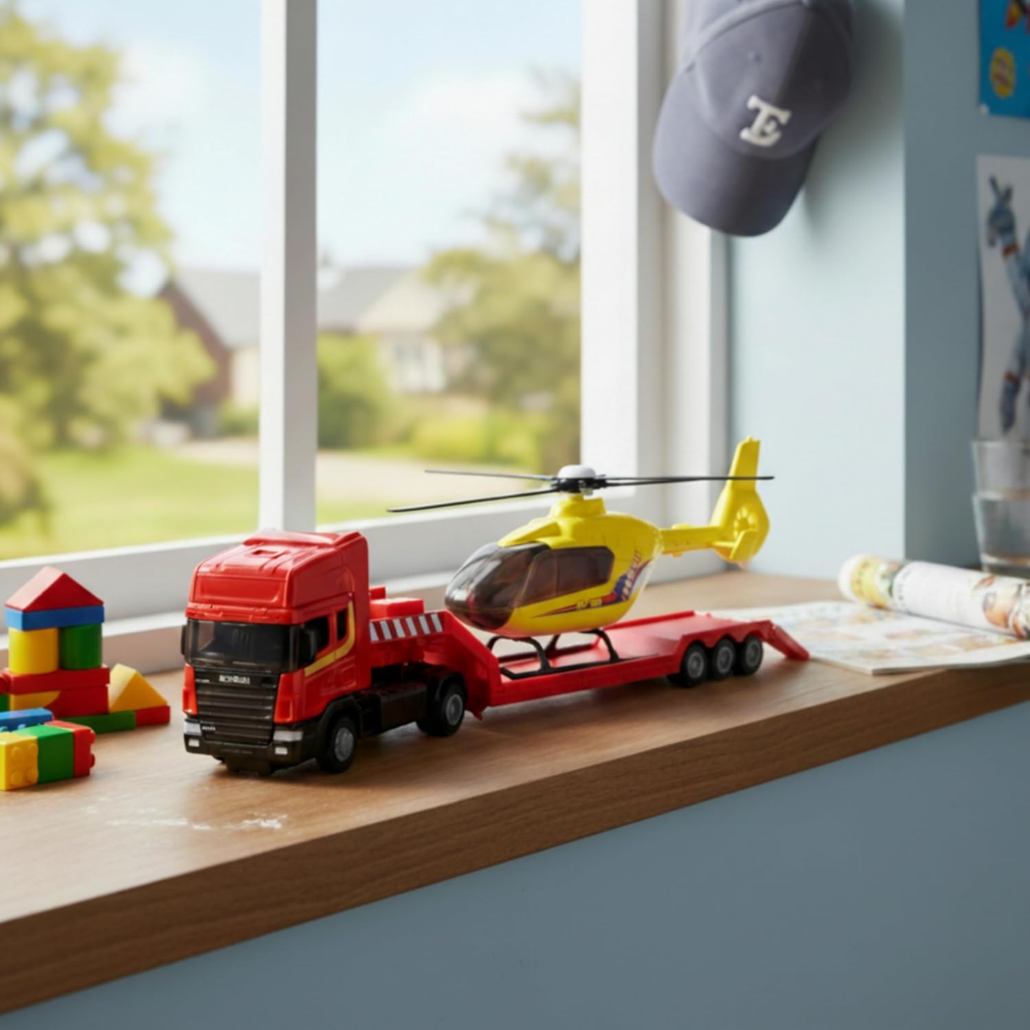 Toyland® 31cm (12”) Scania Flatbed Hauler With Helicopter & Detachable Trailer - 1:48 Scale Model Vehicle - Collectable Transport Toys (Red & Yellow) - Image 6