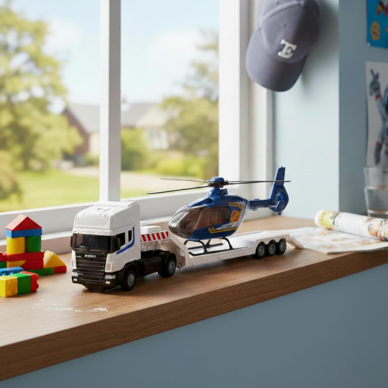 Toyland® 31cm (12”) Scania Flatbed Hauler With Helicopter & Detachable Trailer - 1:48 Scale Model Vehicle - Collectable Transport Toys (White & Blue) - Image 6