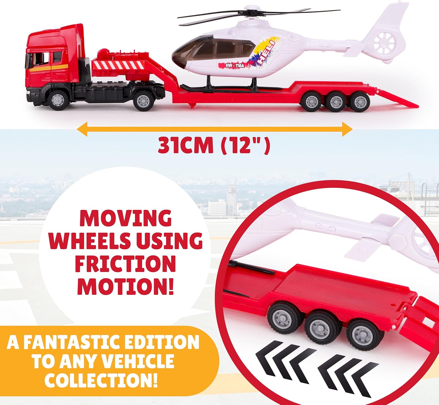 Toyland® 31cm (12”) Scania Flatbed Hauler With Helicopter & Detachable Trailer - 1:48 Scale Model Vehicle - Collectable Transport Toys (Red & White) - Image 5
