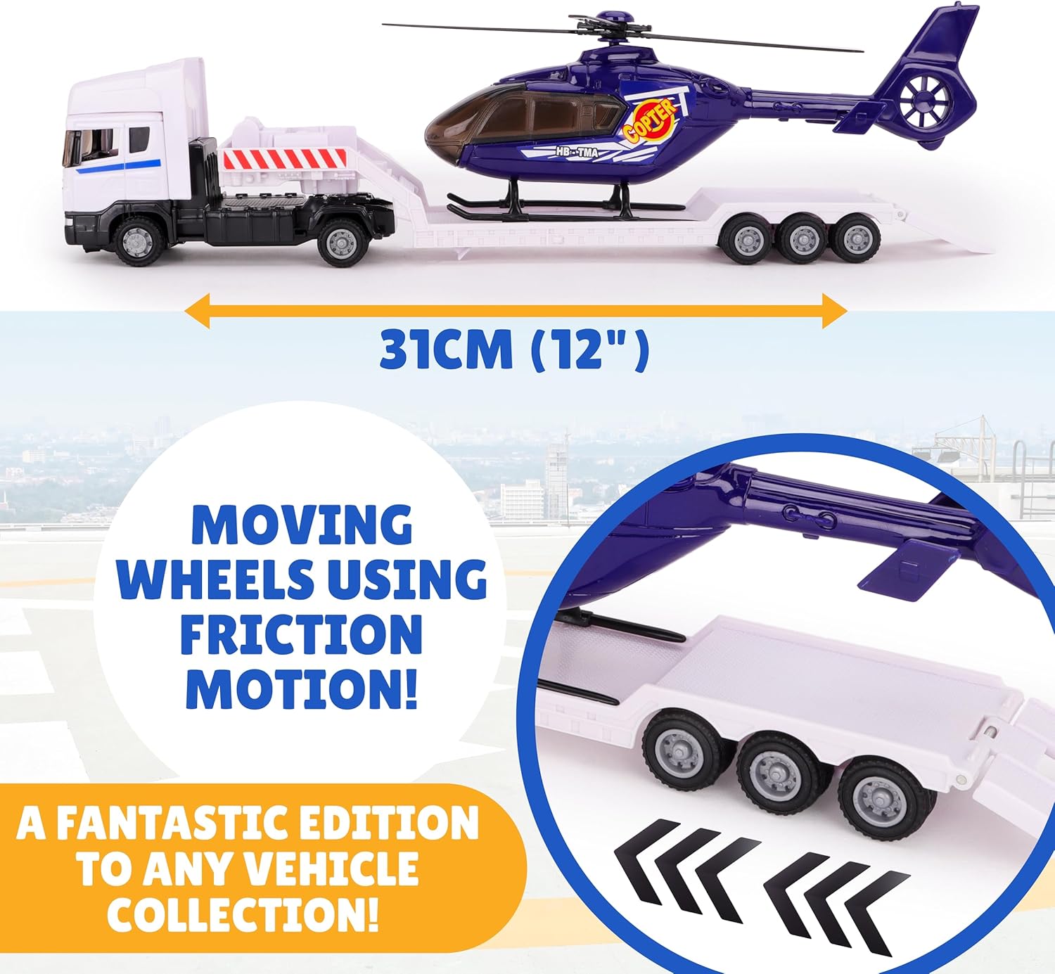 Toyland® 31cm (12”) Scania Flatbed Hauler With Helicopter & Detachable Trailer - 1:48 Scale Model Vehicle - Collectable Transport Toys (White & Blue) - Image 5