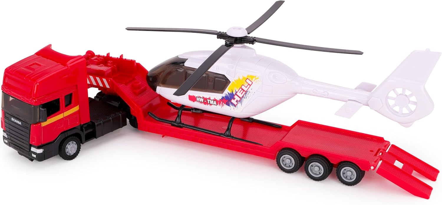 Toyland® 31cm (12”) Scania Flatbed Hauler With Helicopter & Detachable Trailer - 1:48 Scale Model Vehicle - Collectable Transport Toys (Red & White) - Image 3