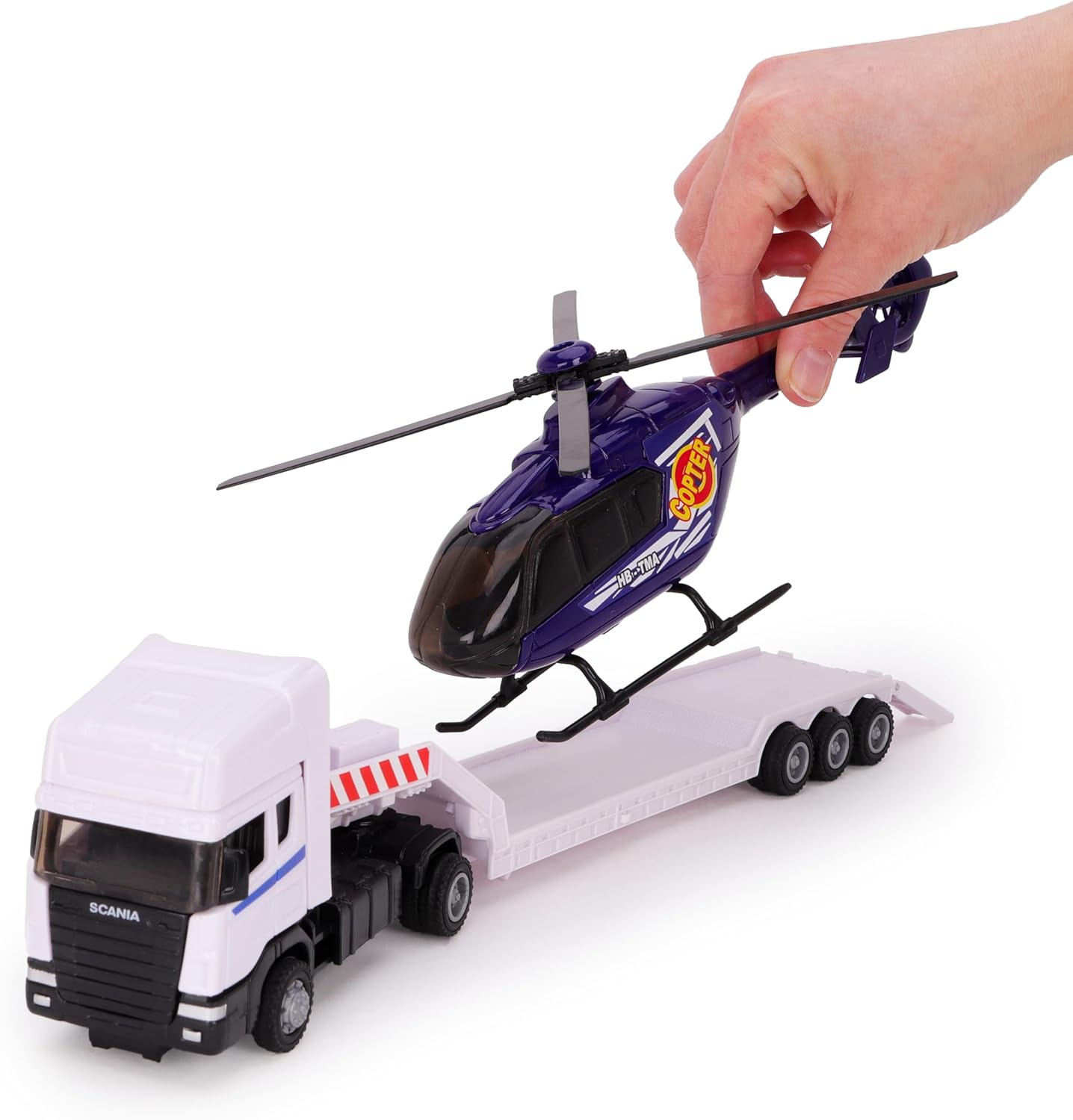 Toyland® 31cm (12”) Scania Flatbed Hauler With Helicopter & Detachable Trailer - 1:48 Scale Model Vehicle - Collectable Transport Toys (White & Blue) - Image 3