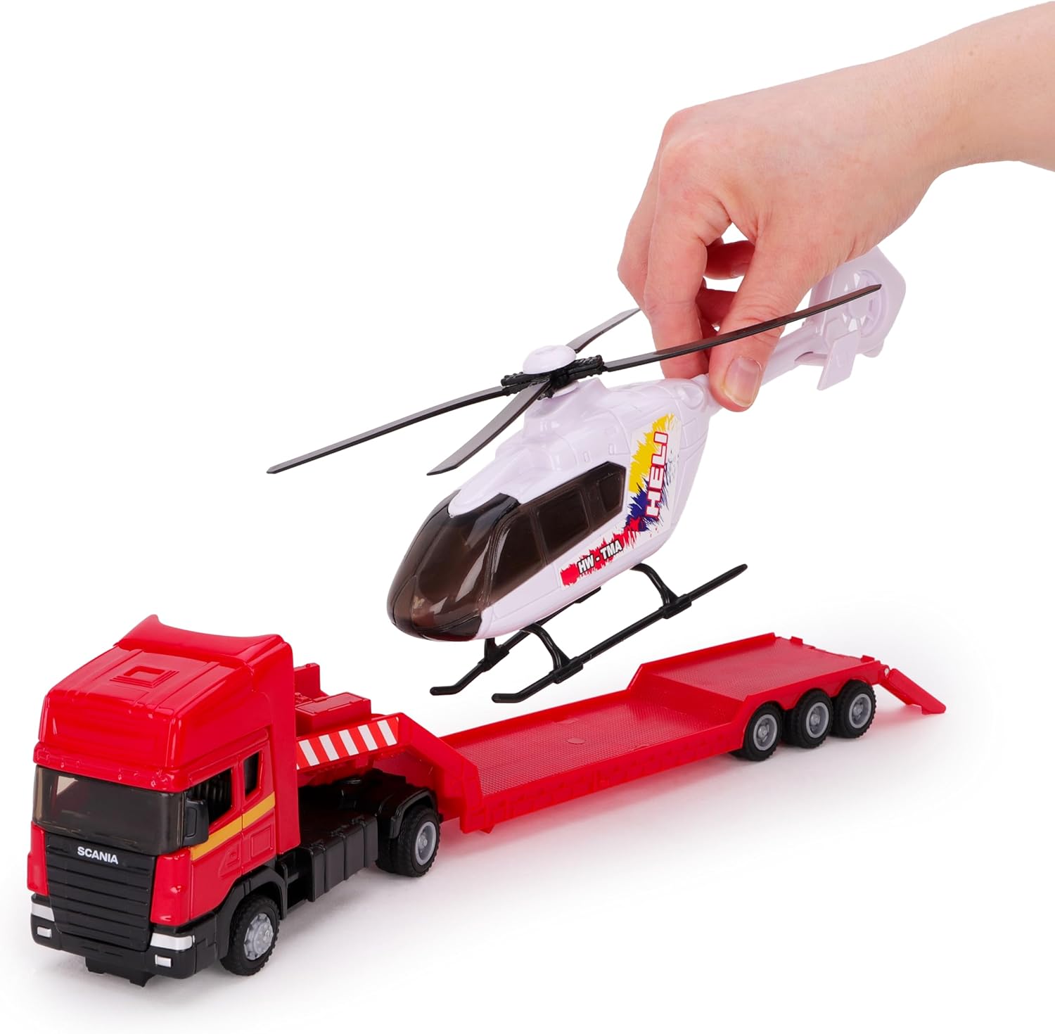 Toyland® 31cm (12”) Scania Flatbed Hauler With Helicopter & Detachable Trailer - 1:48 Scale Model Vehicle - Collectable Transport Toys (Red & White) - Image 2