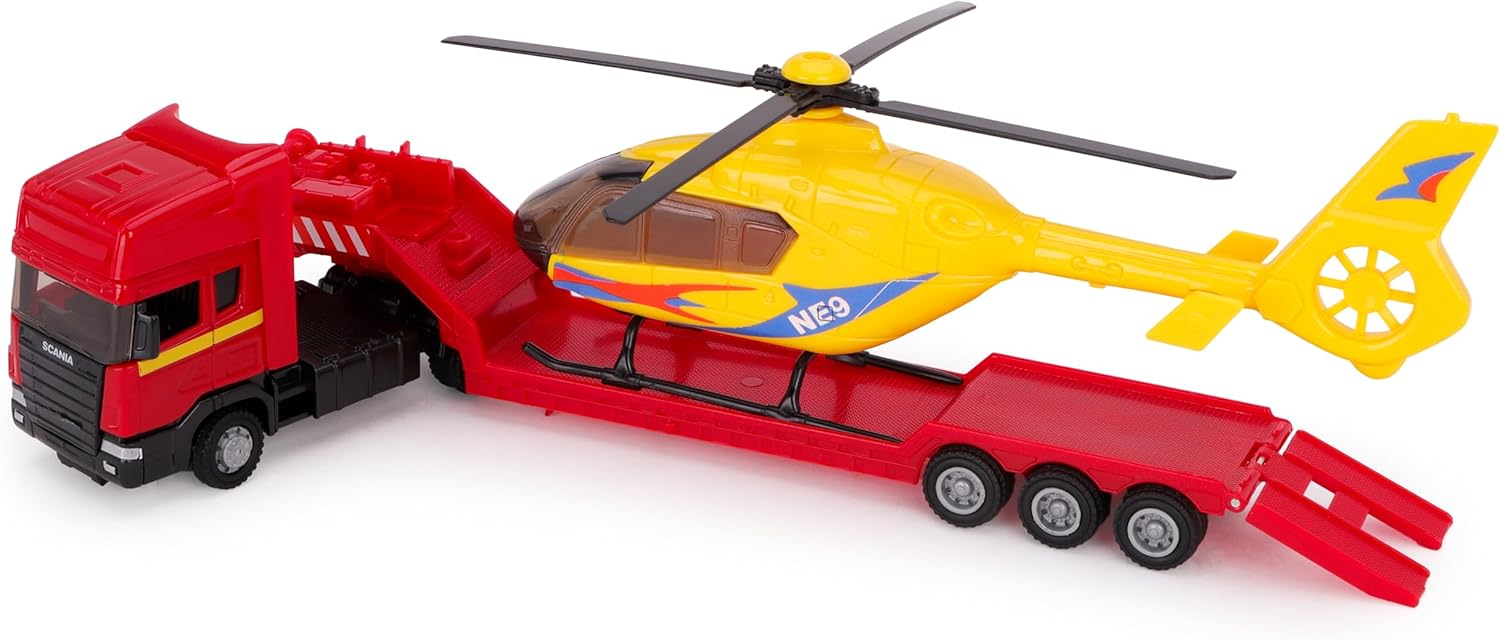 Toyland® 31cm (12”) Scania Flatbed Hauler With Helicopter & Detachable Trailer - 1:48 Scale Model Vehicle - Collectable Transport Toys (Red & Yellow) - Image 2