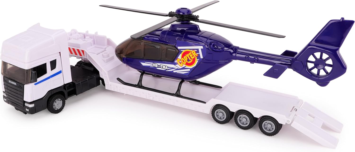 Toyland® 31cm (12”) Scania Flatbed Hauler With Helicopter & Detachable Trailer - 1:48 Scale Model Vehicle - Collectable Transport Toys (White & Blue) - Image 2