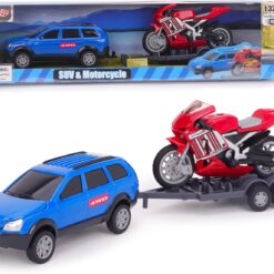 Toyland® 27cm (11”) SUV Car, Motorbike & Trailer Play Set - 1:32 Scale Toy Vehicle - Free Wheel Motion Movement - 3+ Years (Blue & Red)