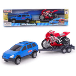 Toyland® 27cm (11”) SUV Car, Motorbike & Trailer Play Set - 1:32 Scale Toy Vehicle - Free Wheel Motion Movement - 3+ Years (Blue & Red)